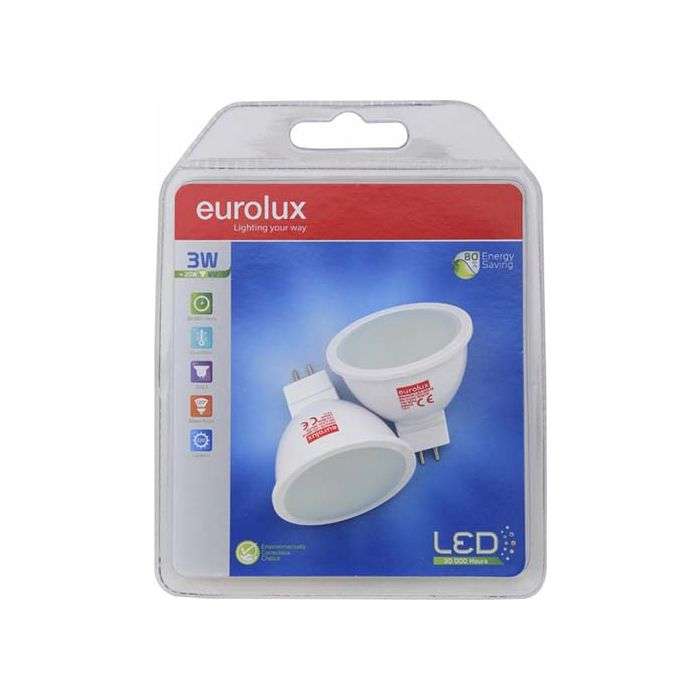 Eurolux 3W Cool White MR16 12V LED Lamps - 2 Pack
