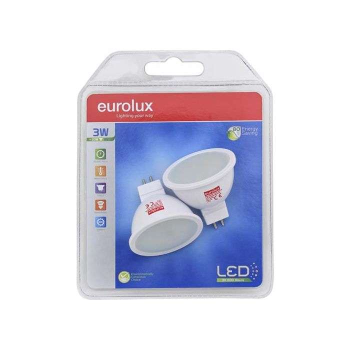 Eurolux 3W Warm White MR16 12V LED Lamps - 2 Pack
