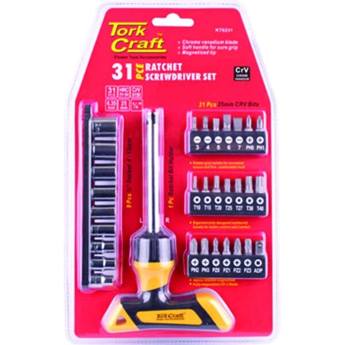 Tork Craft T-Handle Ratchet Screwdriver With Bits