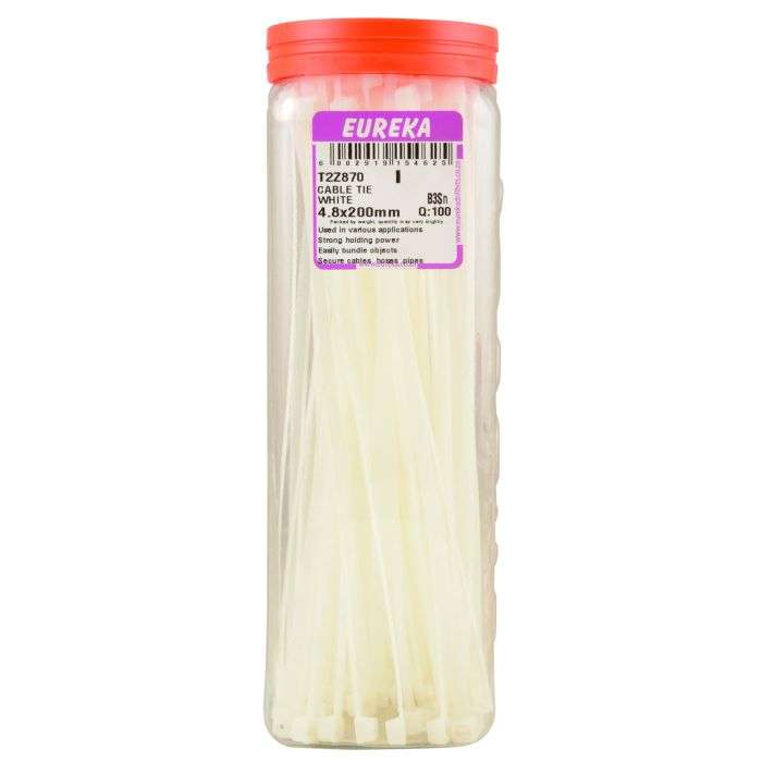 Eureka White Cable Ties 200 x 4.8mm - 100 Pack