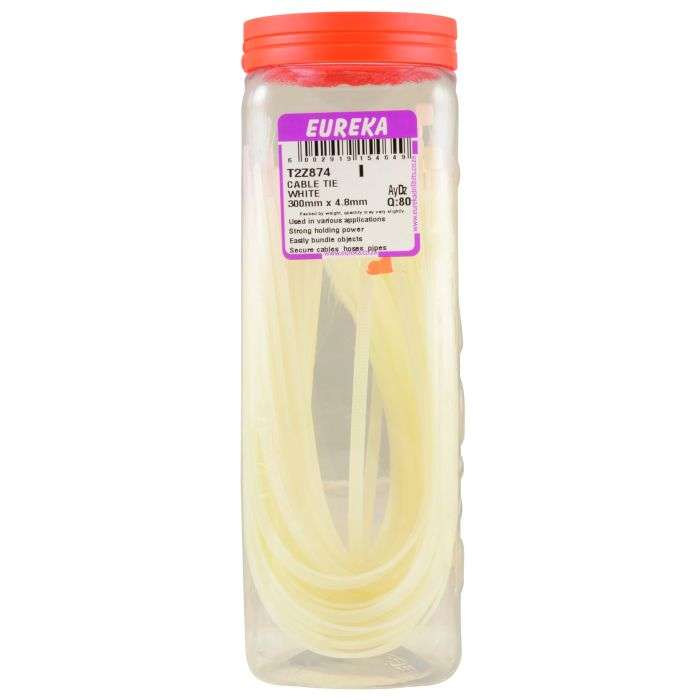Eureka White Cable Ties 300 x 4.8mm - 80 Pack