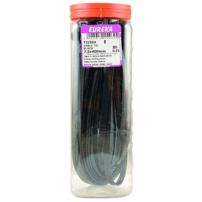 Eureka Black Cable Ties 400 x 7.2mm - 25 Pack