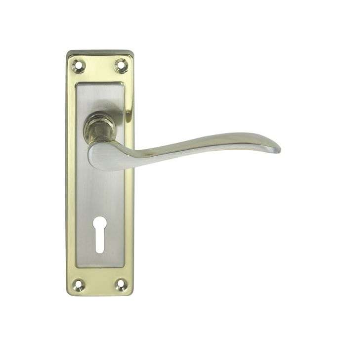 Samson Brass & Satin Nickel Keyhole 6" Cortana Lever Handle On Backplate 3 Lever Lockset