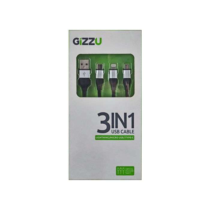Gizzu Black 3-In-1 USB To Micro USB/Type-C/Lightning Cable 1.2m