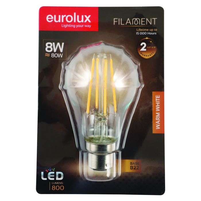 Eurolux 8W Warm White B22 LED Filament A60 Lamp