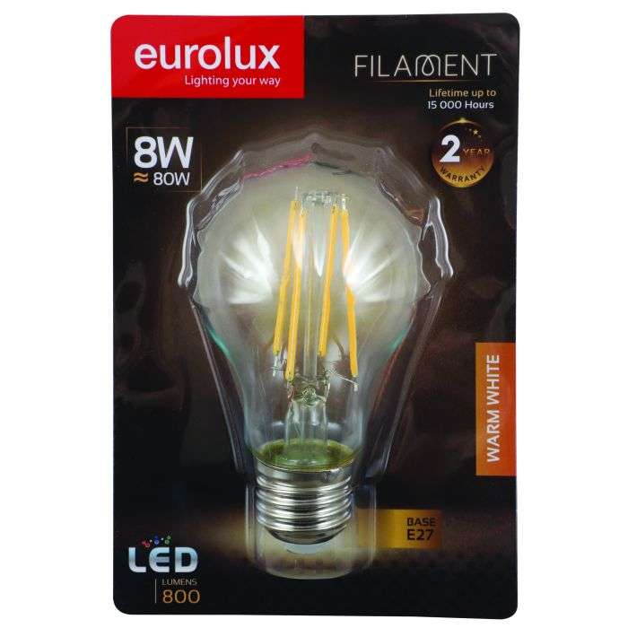 Eurolux 8W Warm White E27 LED Filament A60 Lamp