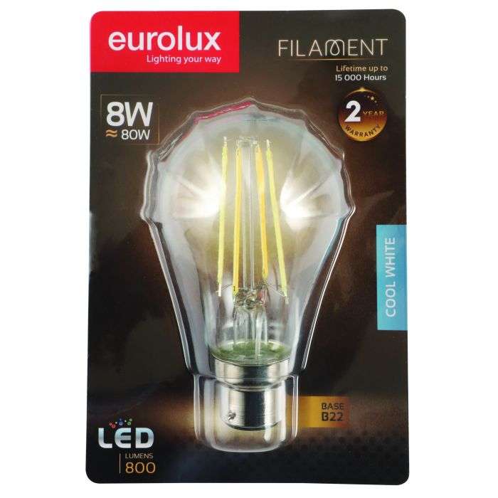 Eurolux 8W Cool White B22 LED Filament A60 Lamp