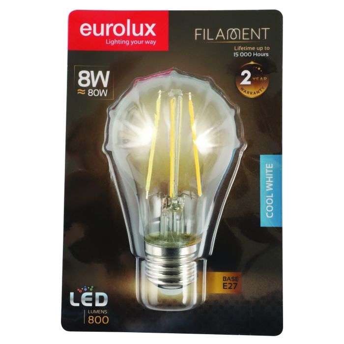 Eurolux 8W Cool White E27 LED Filament A60 Lamp