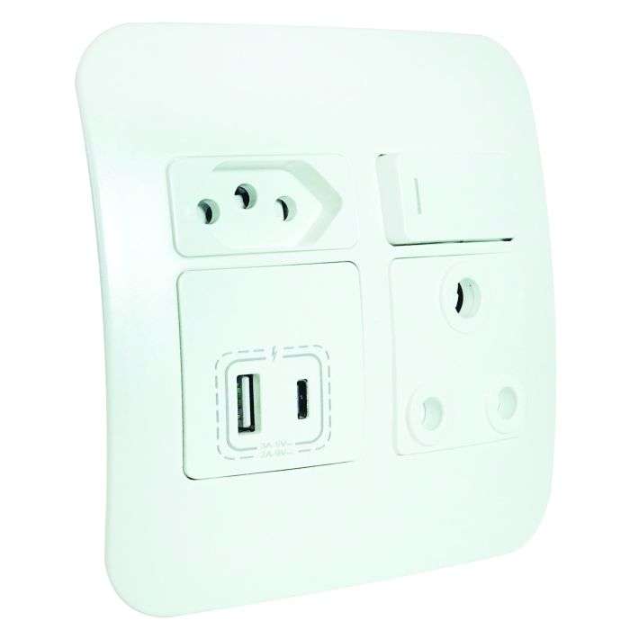 Veti White Socket Switch 1x3, 1x2 pin, 1 USB & 1x C-Type