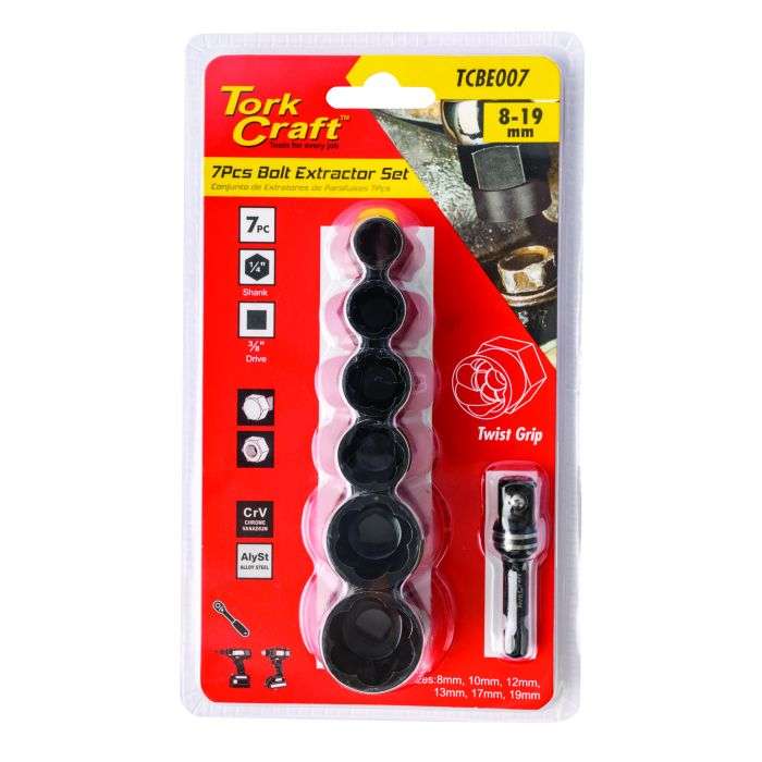 Tork Craft Bolt Extractor Set 7P 8/10/12/13/17/19MM Inc. Socket Adaptor
