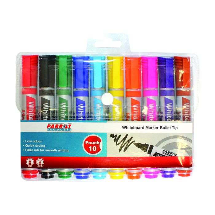 Parrot Assorted Colours Bullet Whiteboard Marker Pen Pouch  10 Pack