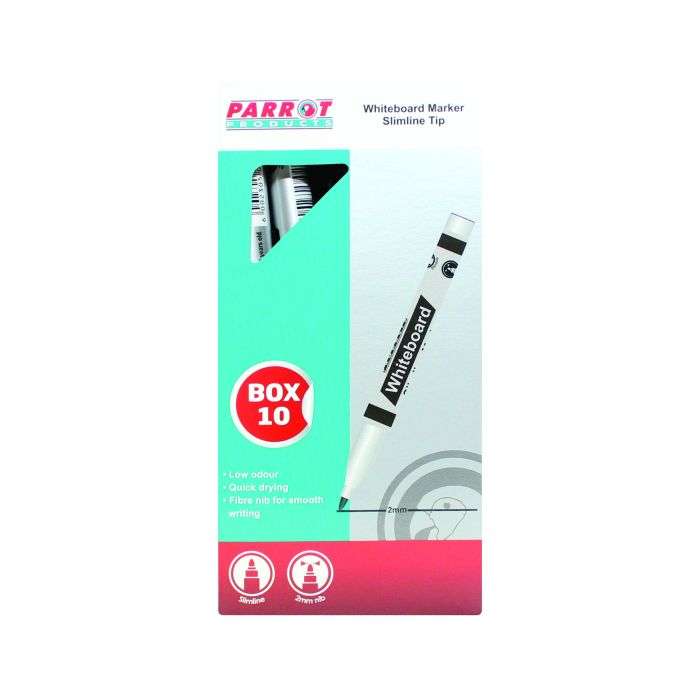 Parrot Black Slimline Whiteboard Marker Pen  10 Pack