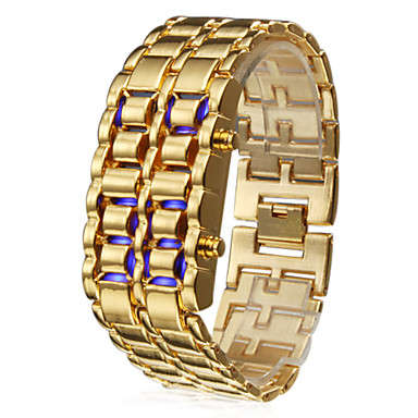 Mens Watch Blue LED Digital Lava Style Gold Steel Band