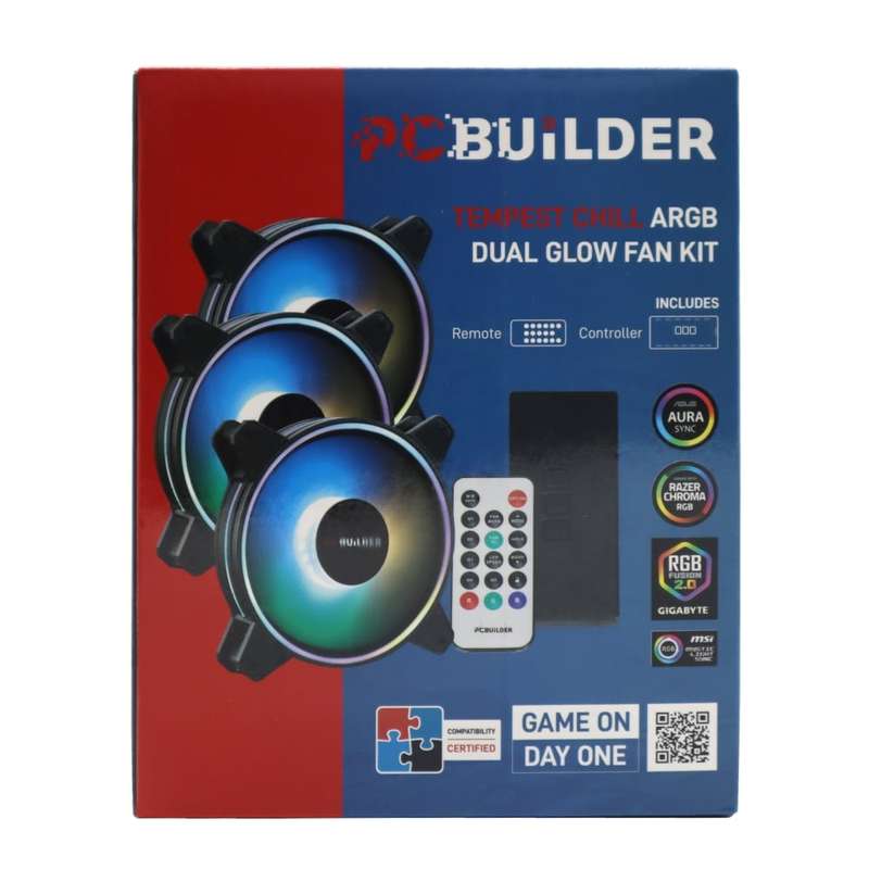 PCBUILDER TEMPEST CHILL FAN KIT 3X120MM DUAL GLOW ARGB FAN + CONTROLLER + RF REMOTE | PCB-CF-TEMP...