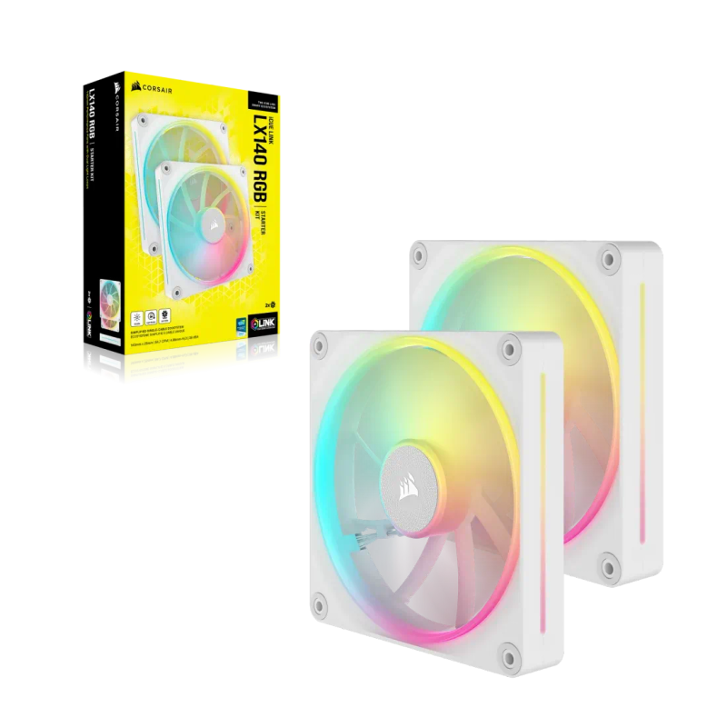 CORSAIR LX RGB Series; iCUE LINK LX140 RGB White; 140mm Fan; Dual Pack; iCUE LINK System Hub Incl...
