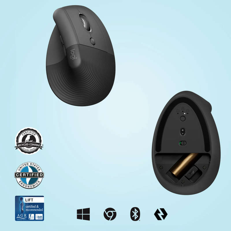 Logitech Lift Vertical Ergonomic Mouse - Graphite Black - 2.4Ghz Bt - N A - Emea-914 - On+Offline...