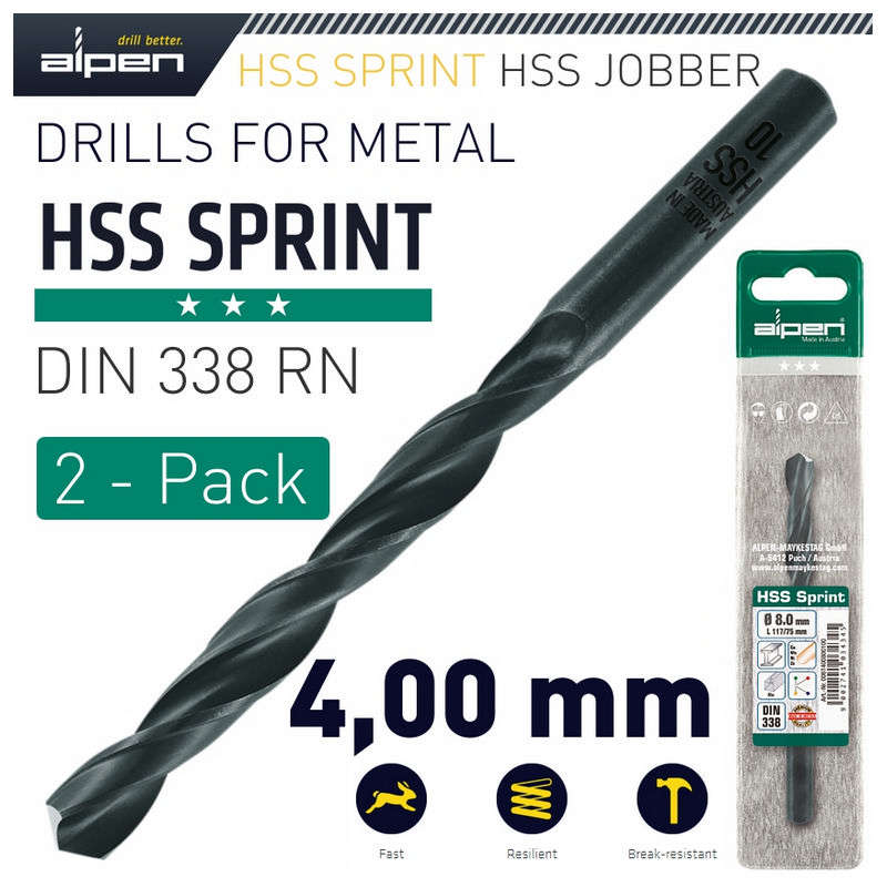 Alpen HSS Sprint Drill Bit 4mm 2/Pack