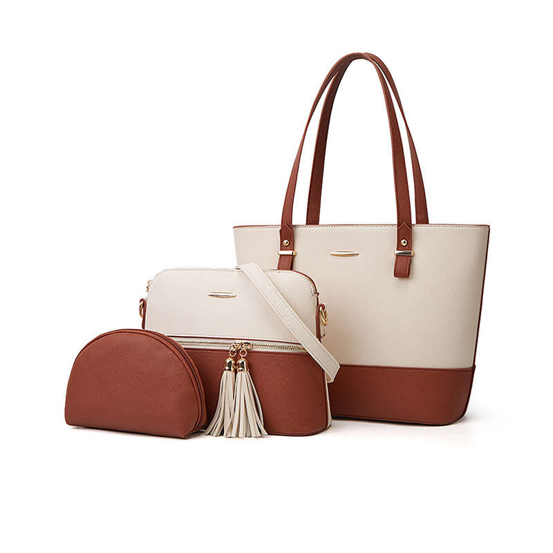 3 Piece Purse Set Tote Satchel Hobo Handbags For Women - Brown/White