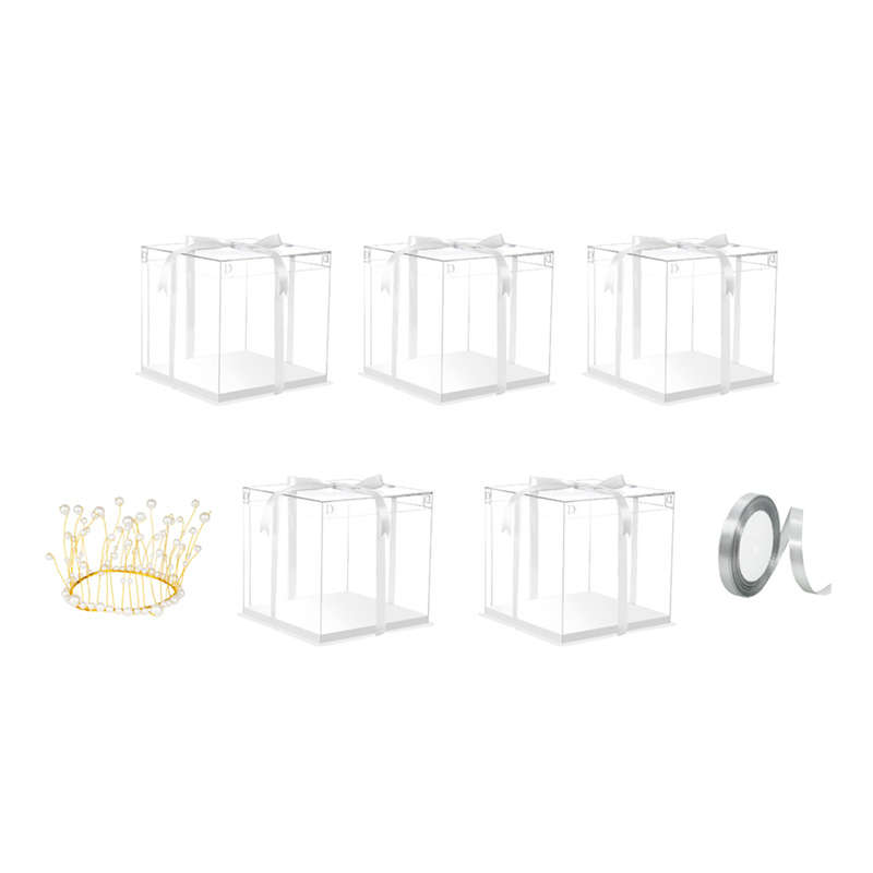 Clear Cake Box 5 Piece Tall Cake Box With Ribbon and Crown - 8 Inch