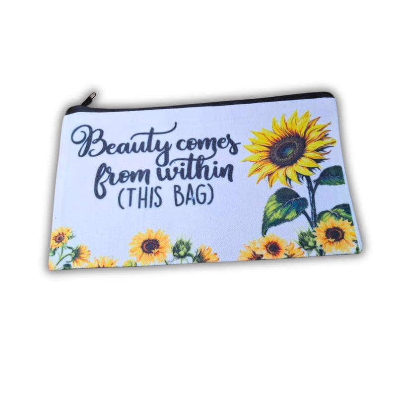Sunflower Zipper Pouch  21x12 cm Canvas Makeup Bag with Uplifting Quote  Cosmetic, Travel &...