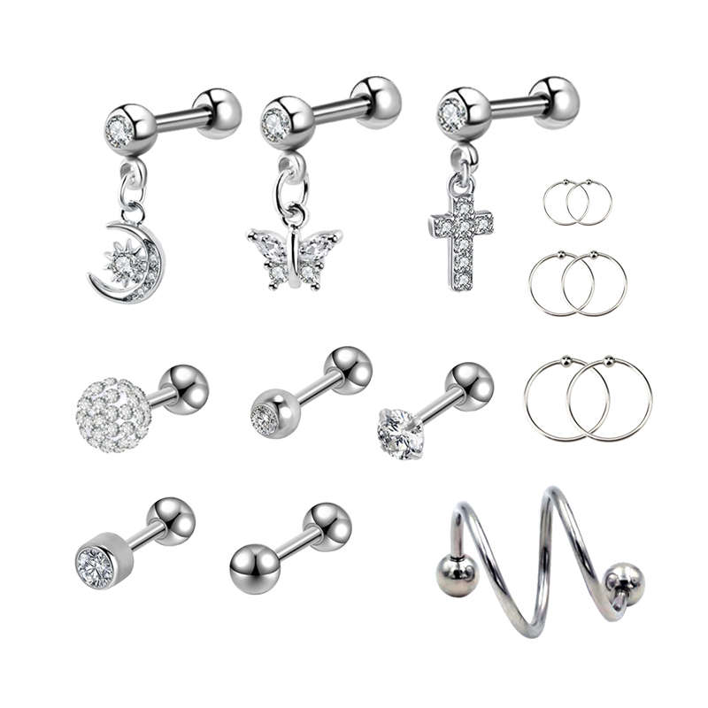 15 Pieces 16G Cartilage Earring Steel Cartilage Stud Earring Hoop Set
