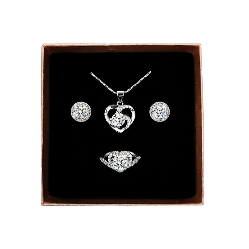 Zirconia Pendant Necklace Earrings Ring Set - Heart
