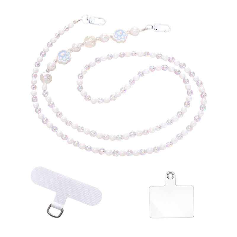 Bigfive Long Phone Lanyard Beads Chain With 2Pcs Back Patch - White