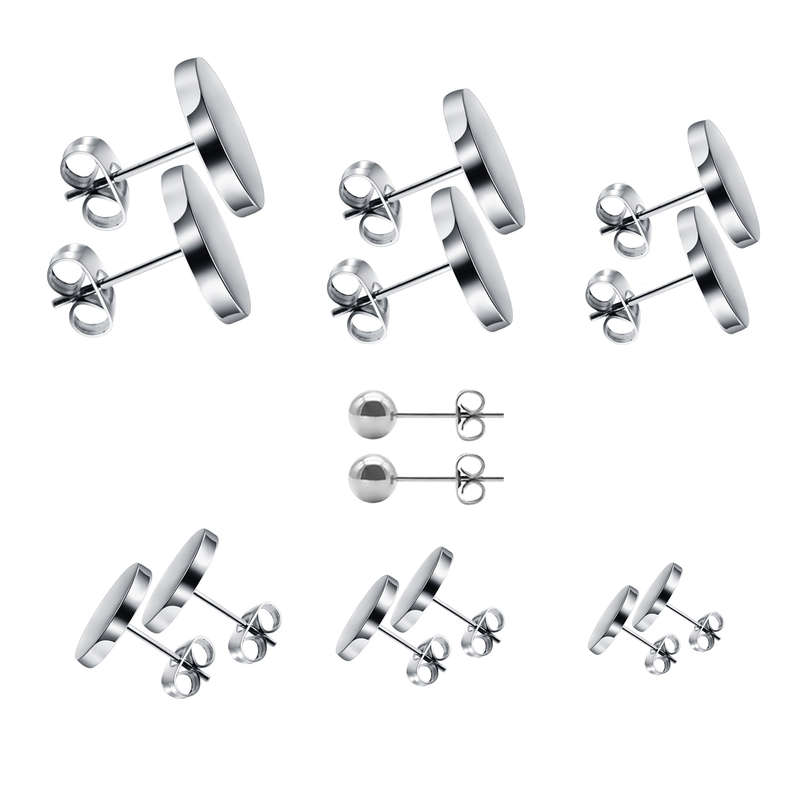 Jacaranda 7 Pairs Stainless Steel Round Stud Earrings Set - Silver