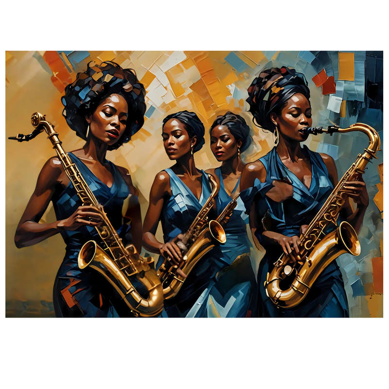 Jazz Queens: A Symphony in Blue  Printed Canvas Wall Art (Unframed) | African Female Saxophoni...