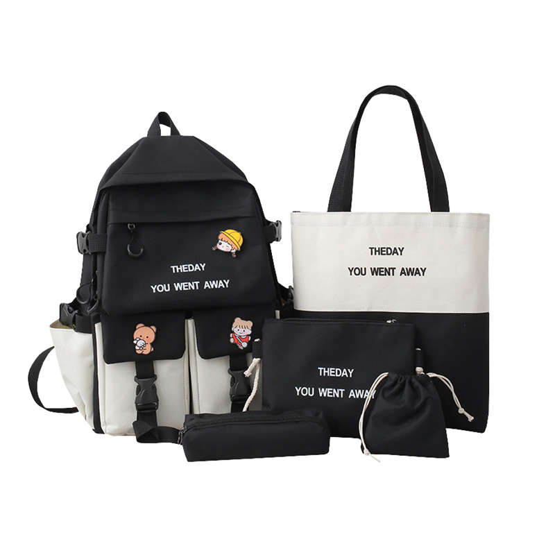 5-Piece Aesthetic School Bags Cute Backpack Set - Black