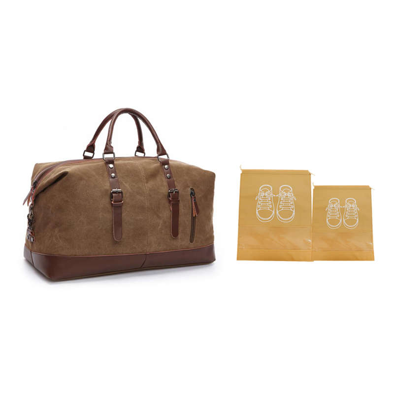 Webuy Canvas Duffel Shoulder Weekender Overnight Bag With Shoe Bags - Brown