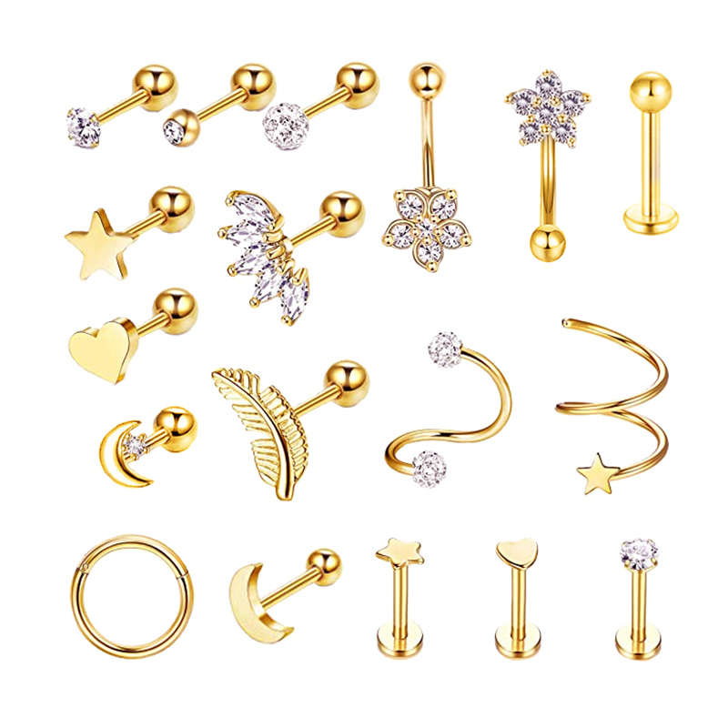 Bigfive 18 Pieces 16G Stud Tragus Piercing Jewelry Cartilage Earrings - Gold