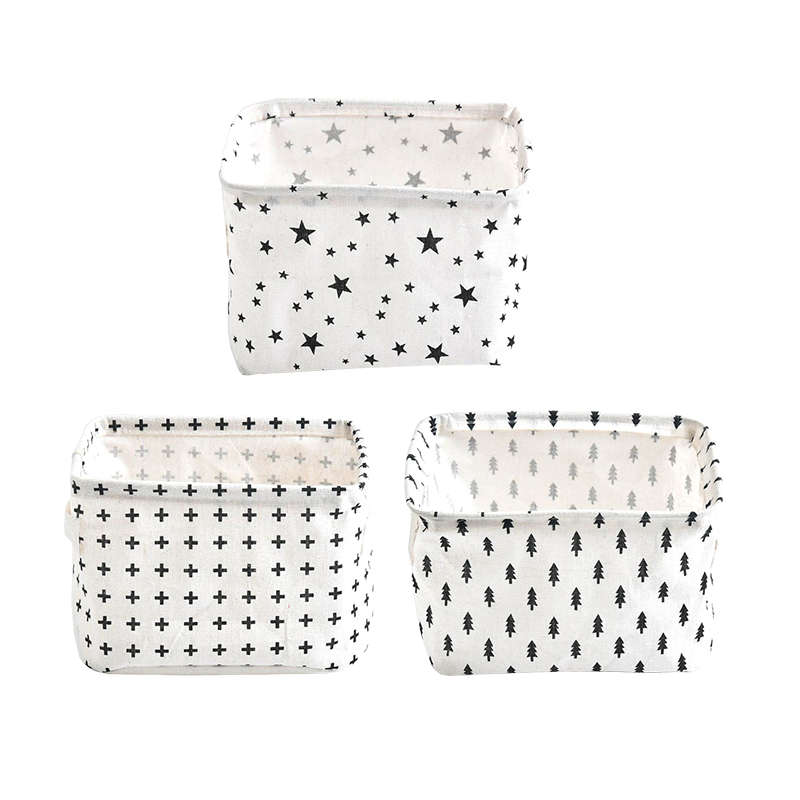 Set of 3 Small Cotton Linen Foldable Storage Containers - White