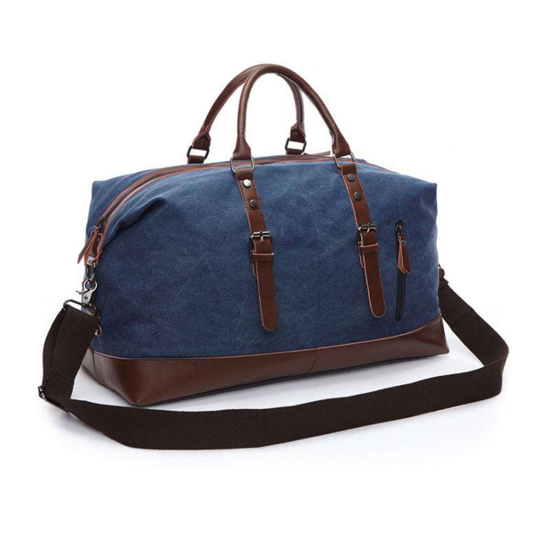 Oversized Leather Canvas Duffel Shoulder Overnight Bag - Blue
