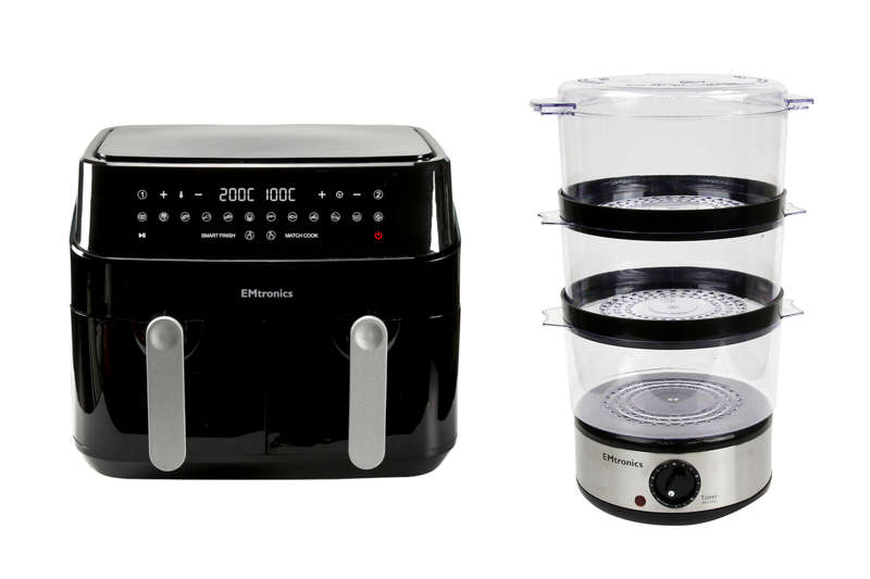 EMtronics 9L Dual Drawer Air Fryer & 3 Tier Food Steamer - Healthy Cooking