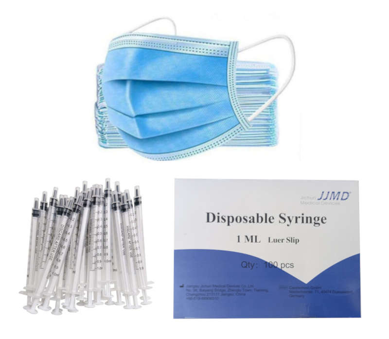 100x 1ml Leur Slip Tip Disposable Syringe & 100x Blue Disposable Cover Mask