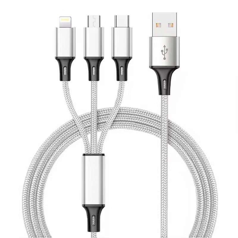 Charger Cable - Nylon Braided 3 in 1 USB A Fast Charging (SILVER)