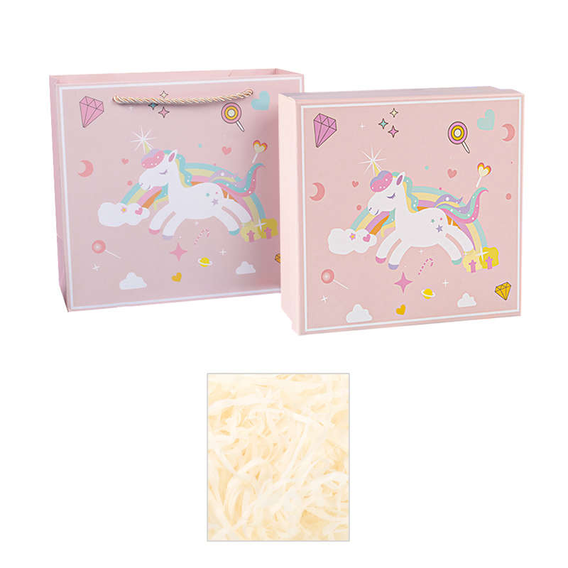 Rainbow Unicorn Gift Box With Lid And Shredded Paper Filler - Pink - S