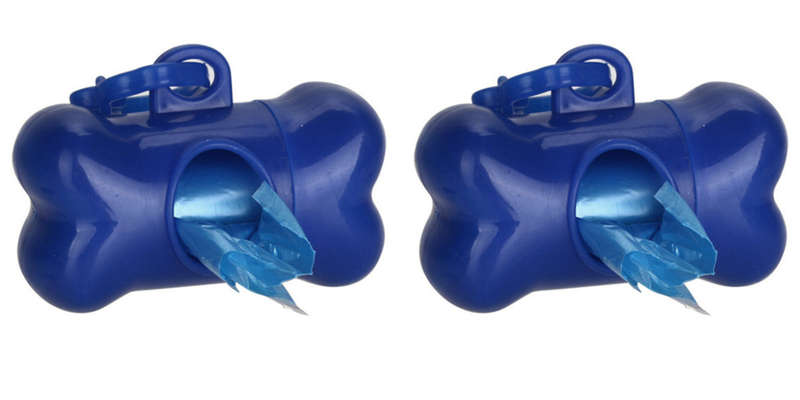 2 x Dog Poop Poo Plastic Bags Set for Pet Walking - Blue- Bone Shape Holder