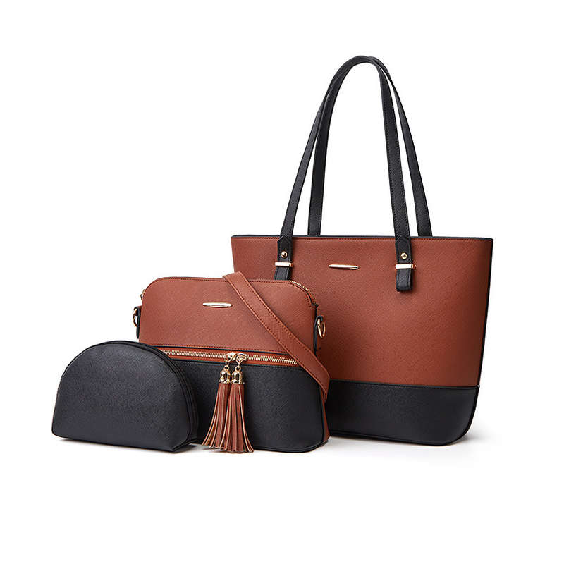 3 Piece Purse Set Tote Satchel Hobo Handbags For Women - Brown/Black