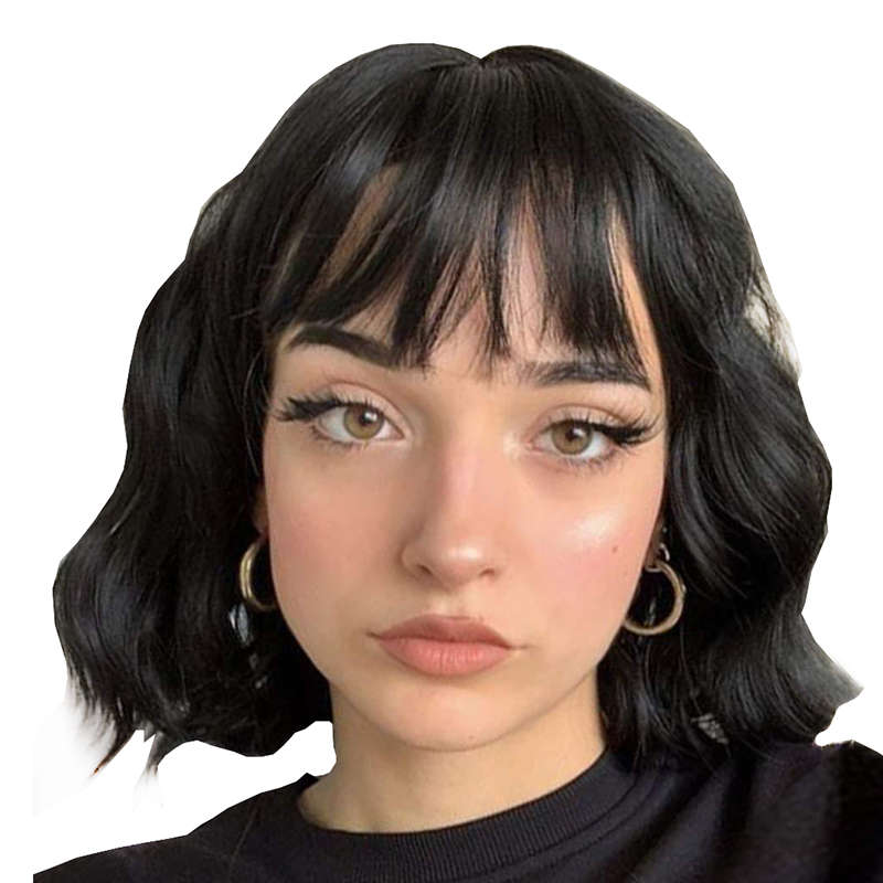 Wavy Bob Wig With Bangs Short Curly Synthetic Wig - Black