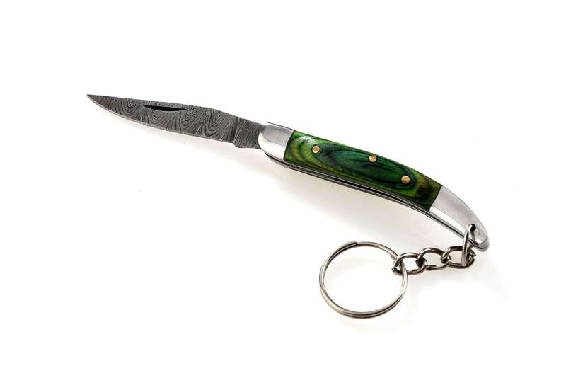 Damascus Knife Keyring - Green