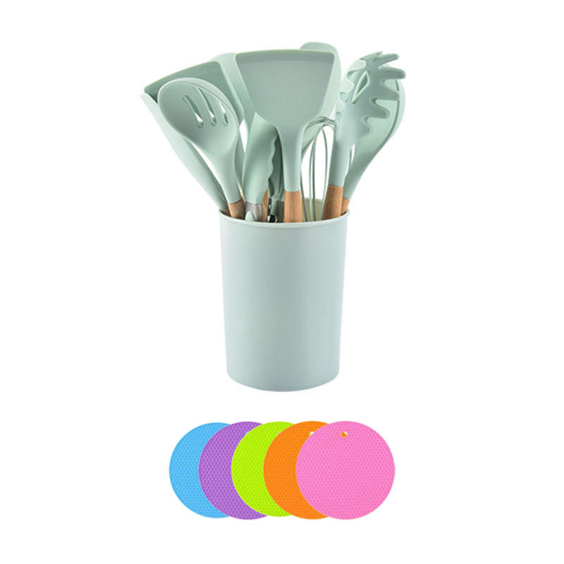 12 Piece Silicone Kitchen Cooking Utensils Set With 5 Piece Insulation Pad - Green