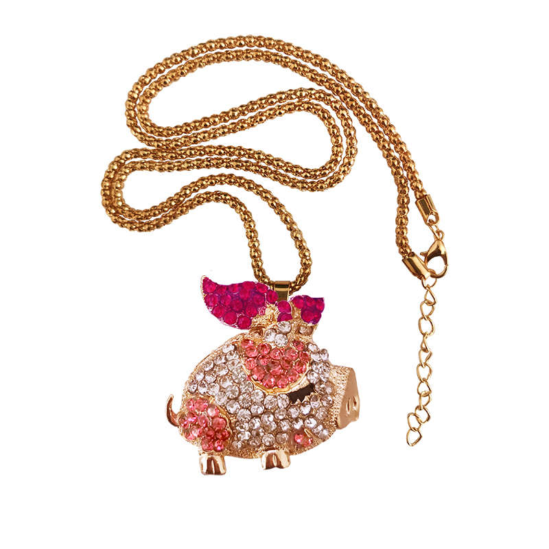 Little Pig Piggy Pendant Necklace Crystal Gift For Women - Pink/Rose Red