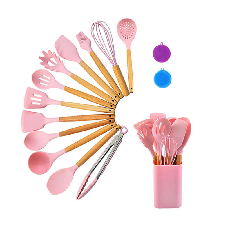 13-Piece Silicone Kitchen Cooking Utensils Set With 2 Piece Scrubbers - Pink - Pink