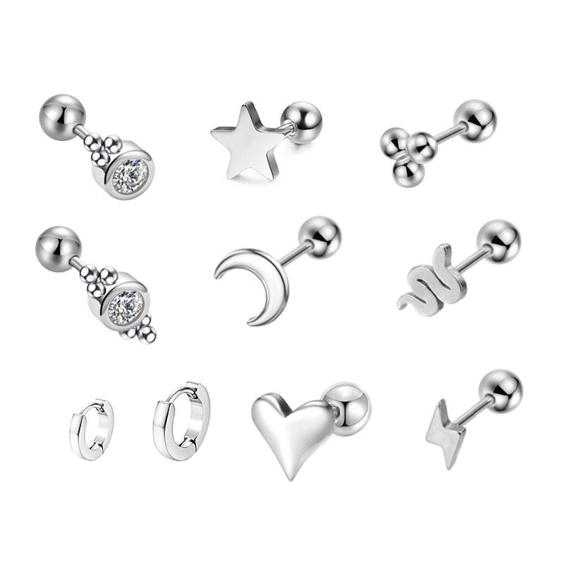10 Piece Surgical Steel Stud Piercing Earrings Jewellry Set