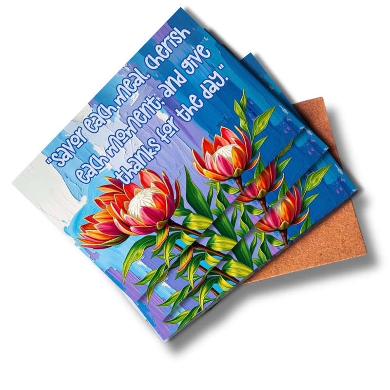 Set of 4 MDF Table Placemats  Colorful Protea Design with Inspirational Meal-Time Messages