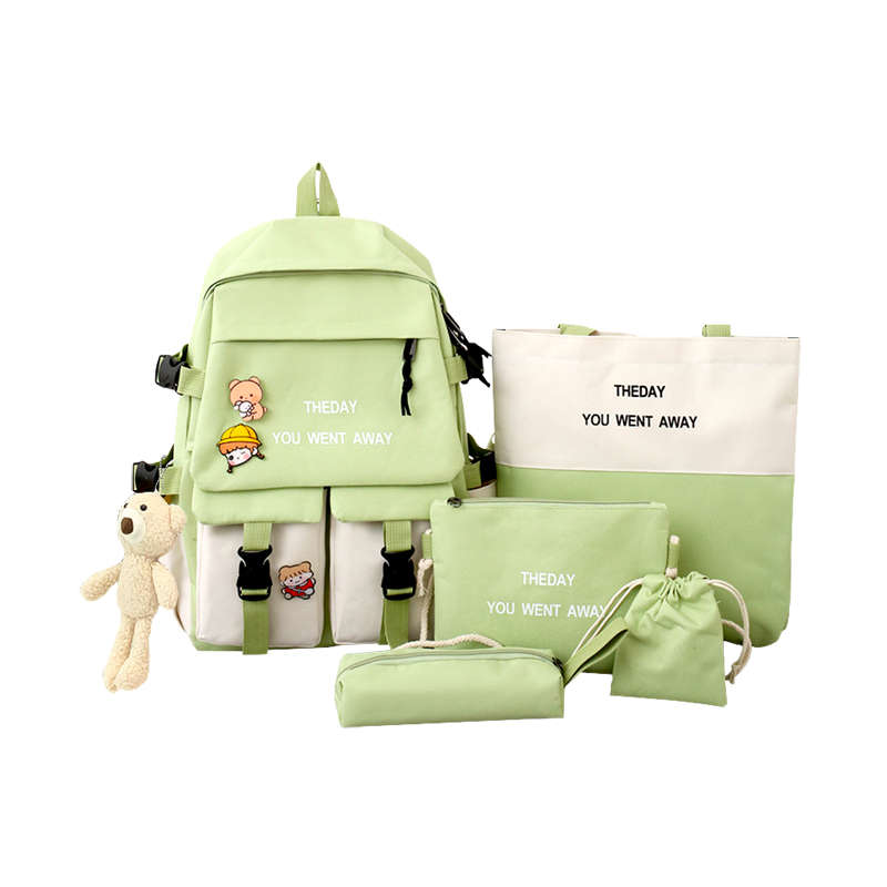 5-Piece Aesthetic School Bags Cute Backpack Set - Green