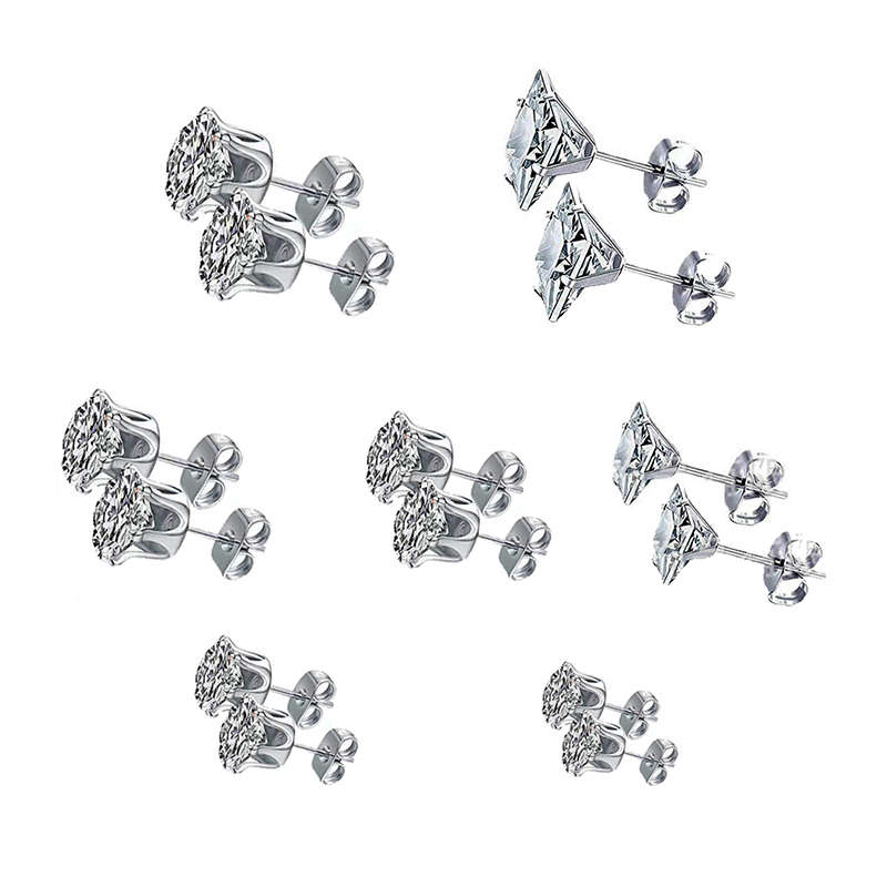 Jacaranda 7 Pairs Clear Cubic Zirconia 316L Stainless Steel Earrings - Silver