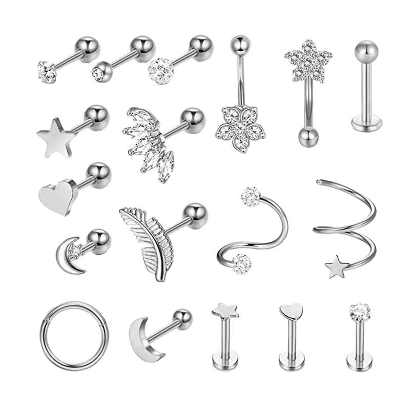 Bigfive 18 Pieces 16G Stud Tragus Piercing Jewelry Cartilage Earrings - Silver